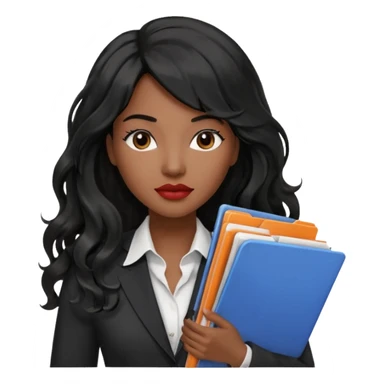 A young woman with long black hair, a wavy frange falling on half of her head. There's a long wavy stretch of hair falling on the side of her head. She's black, medium to dark skinned with thick lips. She's holding folders, and she's a CEO, but she's wearing casual clothes. she has long eyelashes. sticker