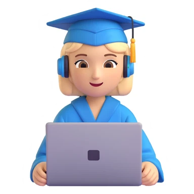 memoji of a college student, sitting with a laptop, relaxed, wearing headphones and a graduation cap sticker