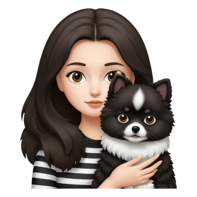 an brunette hair girl holding her black and white pomeranian dog that has white middle part in the face kinda looks like a panda sticker