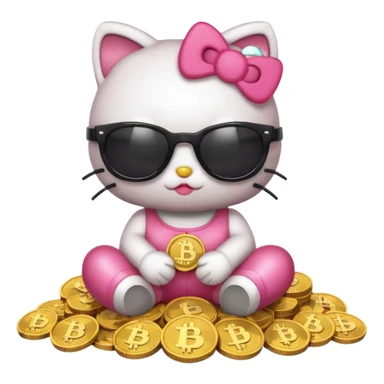 Hello Kitty wearing sunglasses, sitting on a pile of cryptocurrency coins, cute emoji style sticker
