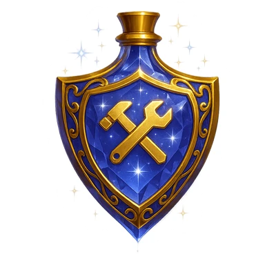 premium class crystal elixir bottle in shield shape, color #7986cb, with 🛠 symbol on the bottle, lots of shining, edges, ornaments, golden details, magical effects, very small golden neck, transparent background, beautiful, seamlessly merging bottom, bottle clearly floating in air, no base or shadow, very luxurious, modern, fits a collection sticker