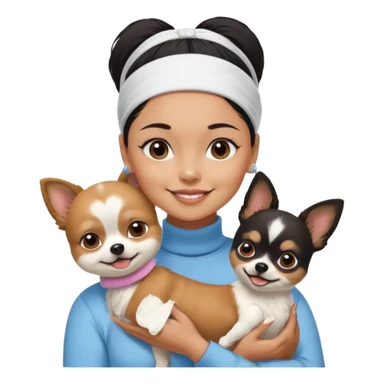 tan skin woman, with short black hair in a slicked back ponytail with forehead showing, with white headband, wearing solid pastel blue turtleneck shirt, smiling carrying dark brown-white furry fuzzy chihuahua pomeranian dog sticker