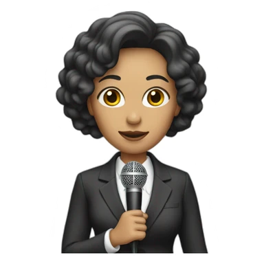 Woman wearing a suit while holding a microphone sticker