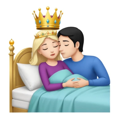 Blonde Queen with crown, Green eyes, naked, kissing man, naked, no crown, black hair, blue eyes, whole Body, Background sleeping room  sticker