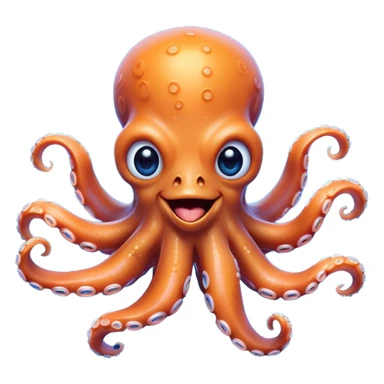 Cinematic Comical smirking Octopus Portrait Emoji, Head tilted dramatically with an exaggeratedly amused expression, featuring a rotund, light orange body festooned with bold blue rings and eight wildly expressive arms with comically animated suckers, Simplified yet hilariously expressive features, highly detailed, glowing with a slightly sassy underwater glow, high shine, dramatic yet playful, stylized with an air of quirky marine mischief, soft glowing outline, capturing the essence of a meme-worthy octopus that looks ready to squirt its way into viral fame! sticker