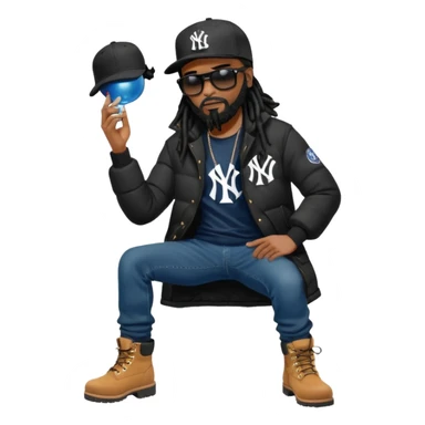 African American man with shoulder length black dreadlocks with black beard wearing black sunglasses wearing a black New York Yankees logo baseball cap wearing a black bubble winter coat wearing denim skinny jeans and timberland boots tying up his shoes sticker