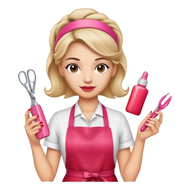 Female hairdresser with headband, wearing red apron, holding pink nail polish bottle and scissors, beauty salon employee sticker