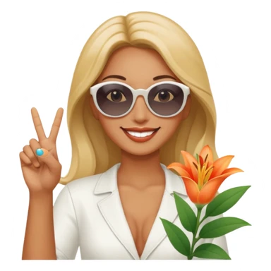 Relaxed sexy woman smiling holding lilies posing in shades  and flashing peace sign  hand sticker