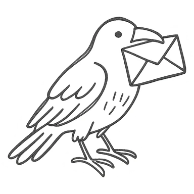 hand drawn outlined icon of a raven with a letter sticker