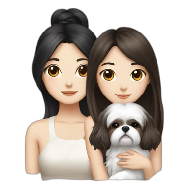 long black hair korean girl with shih tzu in white and brown sticker
