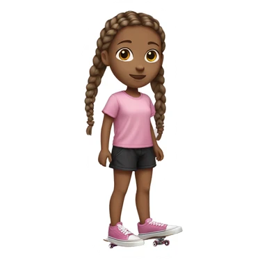little white girl with brown hair with braids, pink shirt from VANS and black shorts skateboarding sticker