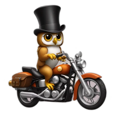 Owl driving a motorcycle wearing a tophat sticker