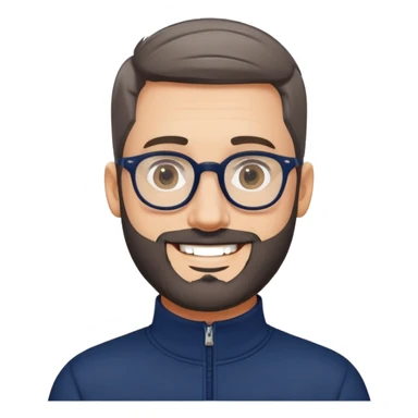 Fair-skinned broader man with oval face, very tight haircut (almost shaved on top, faded sides), short salt and pepper beard, big black-rimmed glasses, friendly smile, navy blue quarter-zip sweatshirt with long sleeves sticker