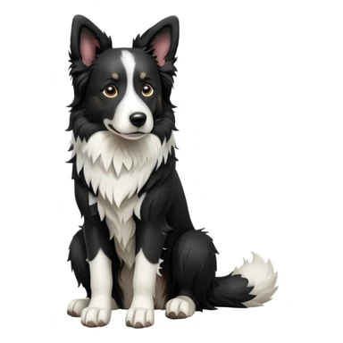 cinematic-[border collie dog]-realistic-full-body-sitting-emoji,-tail-resting-loosely-beside-its-paws,-head-tilted-dramatically,-scruffy-[black and white]-fur,-simplified-yet-realistic-focused-features,-highly-detailed,-glowing-with-an-almost-sarcastic-glow sticker