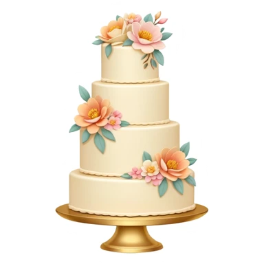 Romantic pastel wedding cake with warm-colored flowers on a gold plate sticker