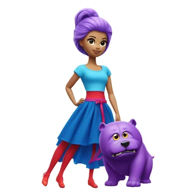 A Barbie with purple hair ,fighting a monster wearing blue T-shirt,red tights and elongated blue chiffon skirt sticker