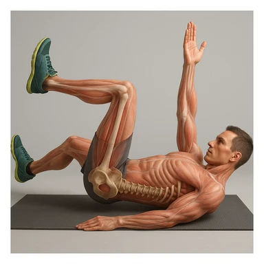 Anatomically hyperrealistic 4K depiction of a man in dead bug position, variant with torso slightly raised, highlighting pelvis and spine bones, translucent muscles and skin, medical atmosphere. sticker