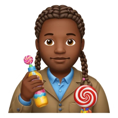 Big black man with braids hold a bottle and a lollipop sticker