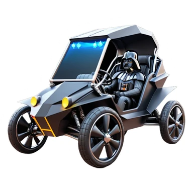 Mad max survival apocalypse ghostly sporty Darth Vader’s Batman-armored 1876 black graphite colored enclosed twin seat town buggy with horizontal holographic 3d stars painted on the body sides and neon under glow  sticker