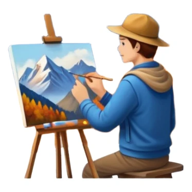 Artist painting a beautiful autumn mountain peak destination on canvas sticker