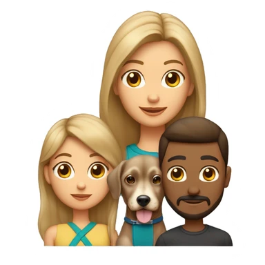 Familia 3 personas y perro chiuaua padre pelo corto rubio madre pelo castaño rizado mujer joven pelo negro largo y liso sticker