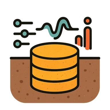 abstract minimalist icon of stacked disks partially submerged below a horizontal line representing underground, with flowing abstract data streams of lines, dots, or waves, worn and distressed effect sticker