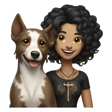 light skin woman with a face tattoo of a cross and long wavy black hair expressing joy alongide a white and brown miniature kelpie sticker