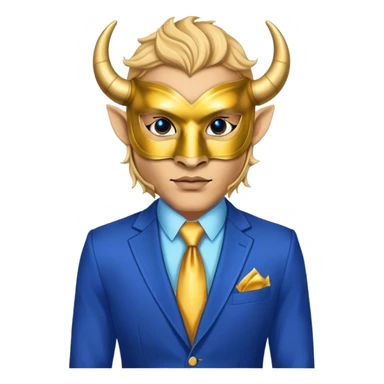 a man, with a Blue suit,  wear half-face golden Buffalo masquerade mask sticker
