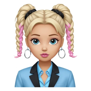 generate a pretty bratz girl wearing a light blue full sleeve shirt, silver small hoops, pink lipgloss, black blazer, hair tied up sticker