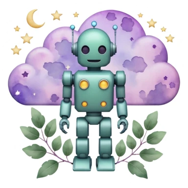 watercolor-style emoji of robot silhouette with “AI” inside a lilac cloud, connected to a soft circuit shape. gentle pastel palette (sage green, blush, lilac), surrounded by leaves, moon, and stars — poetic and calm aesthetic. sticker