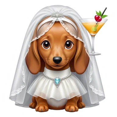 A girl Dachshund dog ￼with a bridal veil and cocktail sticker
