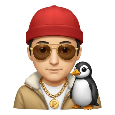 Mike D from Beastie Boys with dark sun glasses and large penguin medallion on gold chain and Red Hat with Mike D printed on hat sticker