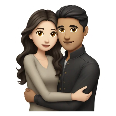 A pale half Asian man with short dark hair and amber eyes embracing and loving a white woman with long wavy brunette hair and dark hazel eyes. They love each other a lot And have good fashion taste and are hugging each other tight  sticker