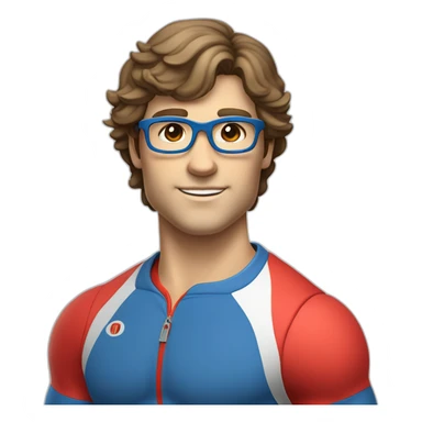 retro 70s blue and red gym clothes for a modern white brunette uni male student with glass sticker