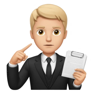 A white man in a black suit stands with a serious face and points at his hand holding papers. sticker