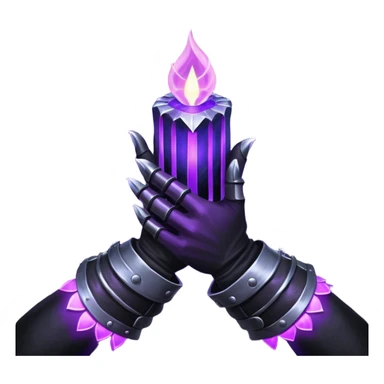 A Discord emoji of a pair of black armored gauntlets holding a flickering violet flame. The hands are positioned as if offering a gift. Dark gothic fantasy, glowing magical effects, high contrast, 2D vector style, white background. sticker