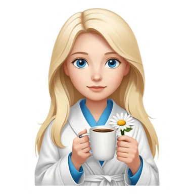 girl
blue eyes
long blond hair
wearing housecoat
holding a white mug of coffee that has a daisy on the mug
wearing rose gold apple watch  sticker
