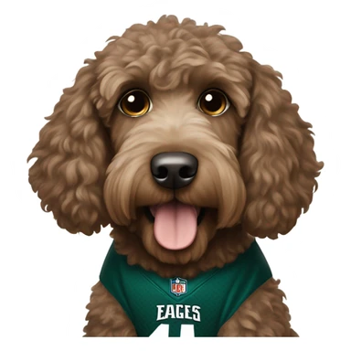 Brownish Labradoodle wearing a Philadelphia eagles jersey sticker