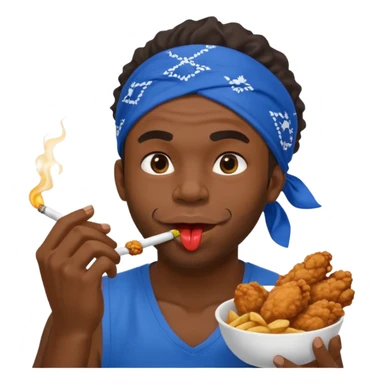 black man eating fried chicken with blue bandana and cigarette in teeth. Create this emoji in apple emojis style sticker