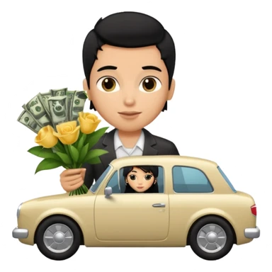 a pretty bratz boy with black hair, holding a bouquet made of money, car behind him sticker