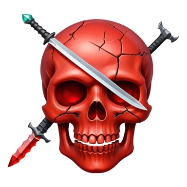 make me a red crystal skull partly see thew super gem like make it realistic and held together by a black bow and a small dager to the eye with cracks coming from it have the bow be loosly tied around the skull holding it together make the blade super realistic  sticker