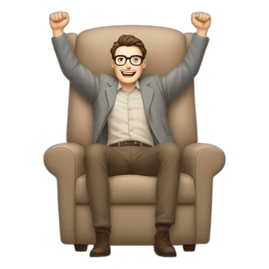 Joyful Celebrating victory Hands up Pale skinned Fit Man With dark brown hair in gray jacket, beige office shirt, Brown pants and vintage glasses sitting In a soft chair sticker