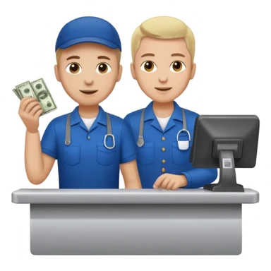 Supermarket employee at a cash register, full body, serving a man sticker