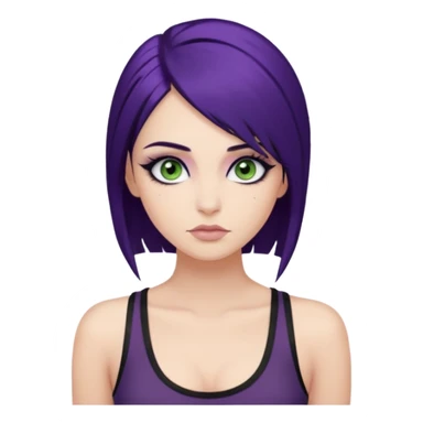 alternative girl with dark purple hair and big eyelashes, beautiful makeup and greenish grey eyes, straight eyebrows & wearing a low cut black tank top sticker