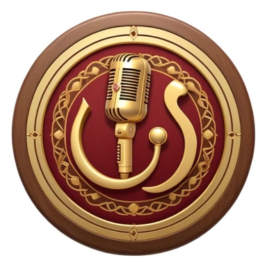 Create a warm and authentic humanless emoji representing folk singing. The design should feature a traditional folk microphone at the center, surrounded by classic instruments such as a bayan (button accordion), gusli (a traditional Russian zither), and a tambourine. Arrange these instruments in a harmonious, circular pattern to evoke a sense of folk music and community performance. Use natural, earthy colors like wood brown, deep red, and golden accents to reflect the rustic and heartfelt spirit of folk music. Add subtle musical notes to the background to convey the rhythm and harmony of the performance. The background should be transparent. sticker