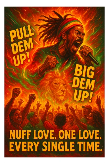 A vibrant reggae-inspired poster scene featuring Anthony B in full performance energy — dreadlocks flying, mic in hand, mid shout, pulling up the riddim. The background is a glowing fusion of red, gold, and green flames with lion imagery and subtle cosmic light trails. Around him, the words “Pull Dem Up! Big Dem Up!” explode like soundwaves. Below, a crowd of diverse viewers is shown. In bold text across the bottom: “Nuff Love. One Love. Every Single Time.” sticker