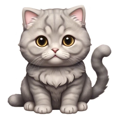 Cinematic Adorable Fluffy Grey Scottish Fold Cat Portrait Emoji, Head tilted cutely with big, sparkling eyes and adorable folded ears, soft grey fur with darker points on the ears, face, and paws, Simplified yet irresistibly adorable features, highly detailed, glowing with a soft, warm glow, high shine, affectionate and playful, stylized with a touch of whimsy, bright and endearing, soft glowing outline, capturing the essence of a curious and loving kitten with the signature charm of a Scottish Fold's unique folded ears, so cute it feels like it could leap out of the screen and snuggle up for a cuddle! sticker