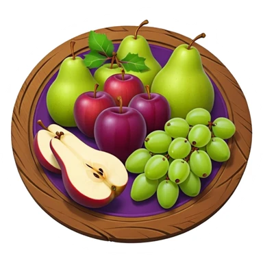 medieval fruit platter object icon, sliced apples and pears, grape clusters, rustic plate, fresh juicy look, 3D cartoon, mobile game icon style, clean background, no text, no watermark
 sticker
