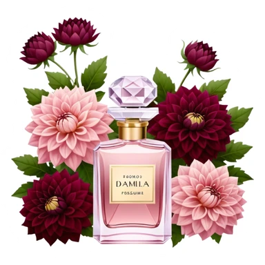 Aesthetic crystal perfume bottle in Pastel Rose with a subtle shimmer, placed next to a lavish bouquet of Crimson and Wine Red Dahlias, creating a harmonious and passionate composition. sticker