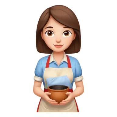 cartoon Apple iOS emoji style woman, pastel colors, Chilean wooden kitchen background, clay pots, warm light, detailed and clean vector art sticker